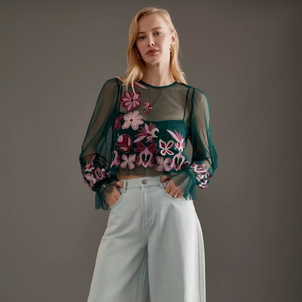 Anthropologie Long-Sleeve Embroidered Mesh Top 1X - New With Tags - Pink Flowers